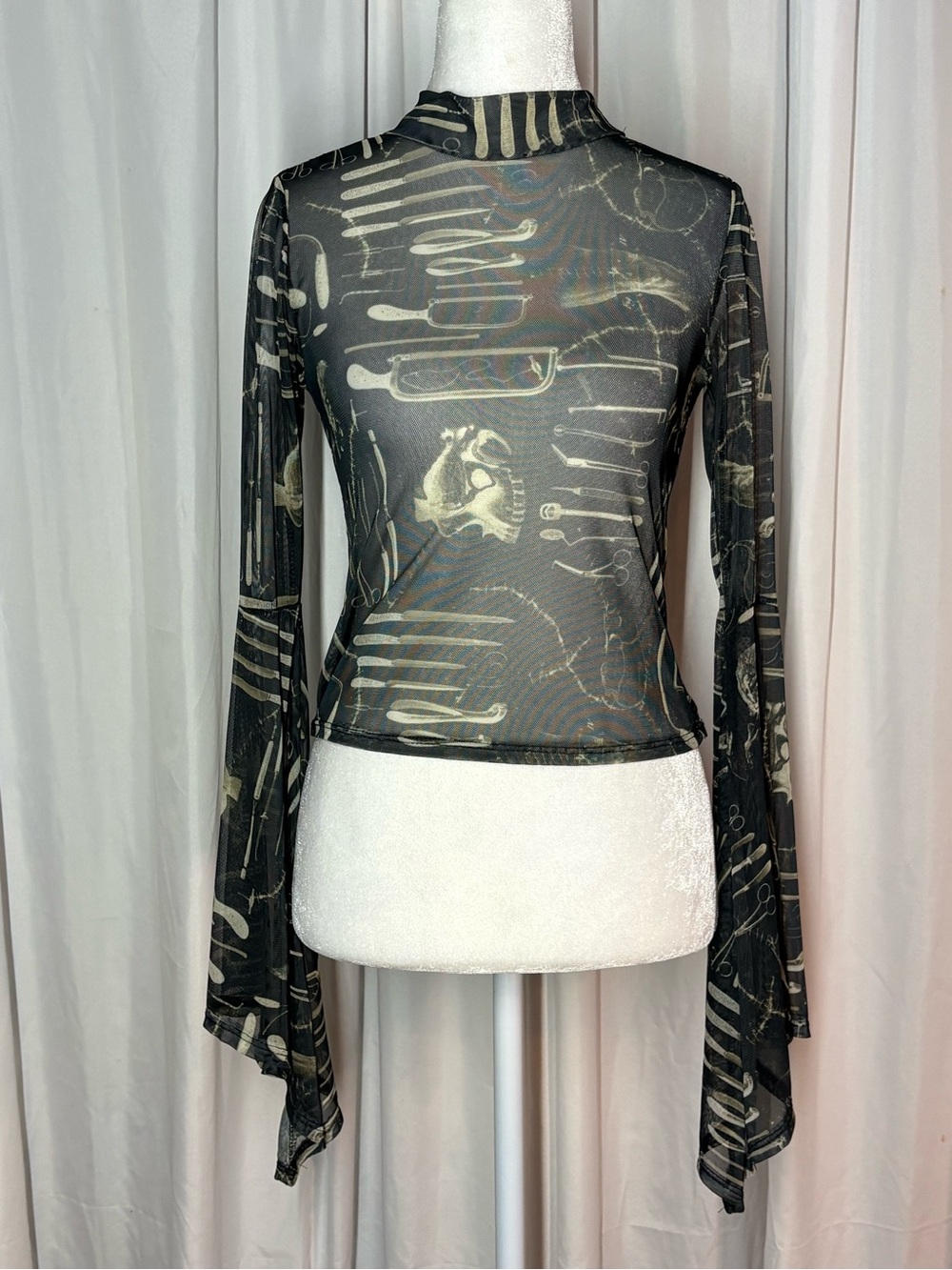 Social Collision Women Mesh Top Goth Medical Skull M Black Bell Sleeve Mock Neck